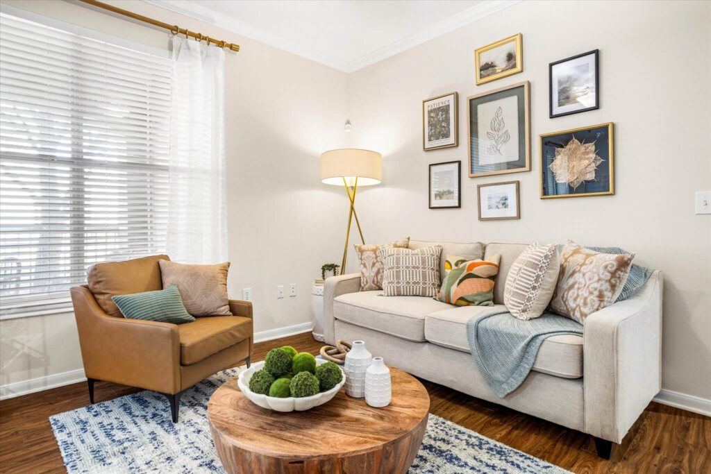Close-up of a beautifully staged apartment living room with cozy furnishings, photographed for a Waxahachie rental property.